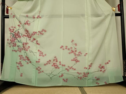 平和屋着物＊夏物 訪問着 絽 手描き 楓文 暈し染め 銀彩 正絹 逸品 AABI6581jd