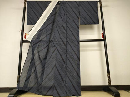 平和屋着物＊夏物 結城紬 夏結城 100亀甲 斜縞 正絹 逸品 AABI6582jd