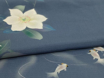平和屋着物＊夏物　訪問着　絽　手描き　草花文　金魚　正絹　逸品　AABI6585jd