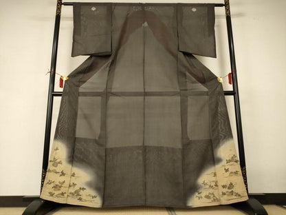 平和屋着物＊夏物　アンティーク　大正ロマン　黒留袖　絽　駒刺繍　風景文　暈し染め　正絹　逸品　AABI6606jd