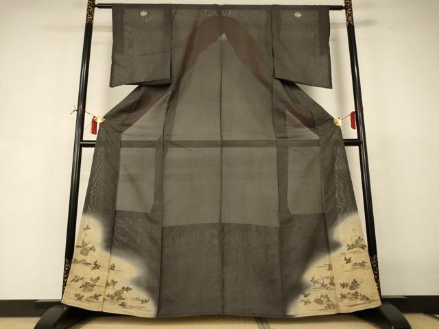 平和屋着物＊夏物　アンティーク　大正ロマン　黒留袖　絽　駒刺繍　風景文　暈し染め　正絹　逸品　AABI6606jd