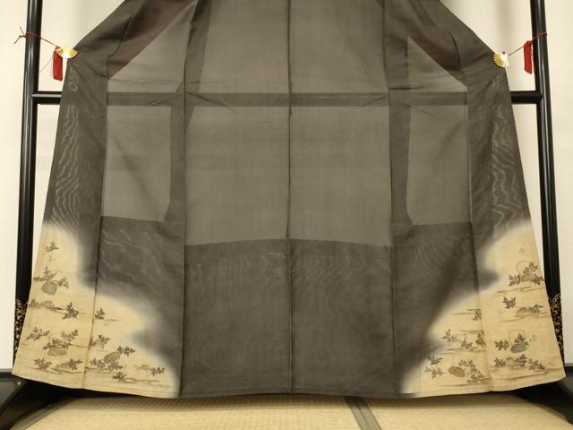 平和屋着物＊夏物　アンティーク　大正ロマン　黒留袖　絽　駒刺繍　風景文　暈し染め　正絹　逸品　AABI6606jd