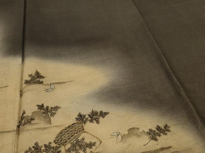 平和屋着物＊夏物　アンティーク　大正ロマン　黒留袖　絽　駒刺繍　風景文　暈し染め　正絹　逸品　AABI6606jd