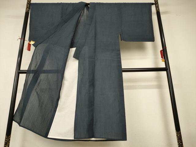 平和屋着物＊夏物 男性 小千谷ちぢみ 色無地 鉄御納戸色 麻 逸品 AABI6607jd