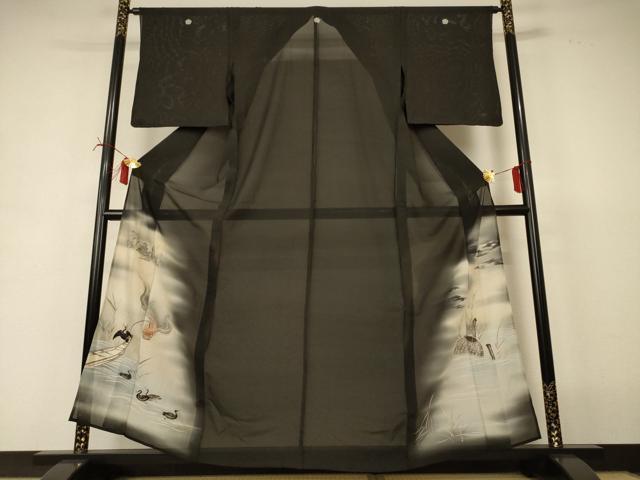 平和屋着物＊夏物 アンティーク 大正ロマン 黒留袖 絽 刺繍 鵜飼 暈し染め 正絹 逸品 AABI6611jd