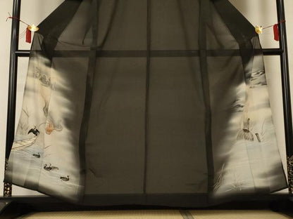 平和屋着物＊夏物 アンティーク 大正ロマン 黒留袖 絽 刺繍 鵜飼 暈し染め 正絹 逸品 AABI6611jd