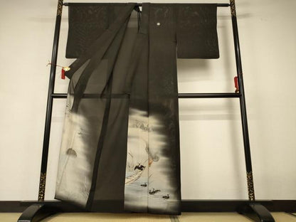 平和屋着物＊夏物 アンティーク 大正ロマン 黒留袖 絽 刺繍 鵜飼 暈し染め 正絹 逸品 AABI6611jd