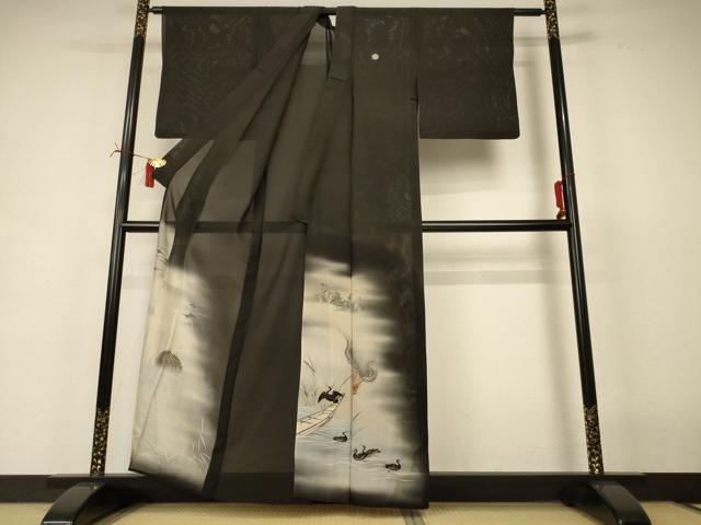 平和屋着物＊夏物 アンティーク 大正ロマン 黒留袖 絽 刺繍 鵜飼 暈し染め 正絹 逸品 AABI6611jd