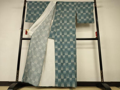 平和屋着物＊夏物　小紋　絽　市松文様　正絹　逸品　AABI6613jd