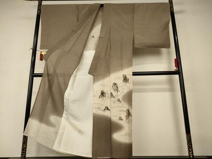 平和屋着物＊夏物 男性 訪問着 紗 手描き 風景文 暈し染め 金彩 キングサイズ 正絹 逸品 AABI6625jd