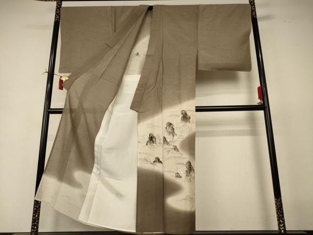 平和屋着物＊夏物 男性 訪問着 紗 手描き 風景文 暈し染め 金彩 キングサイズ 正絹 逸品 AABI6625jd