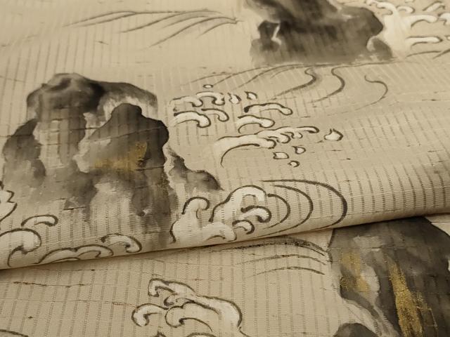 平和屋着物＊夏物 男性 訪問着 紗 手描き 風景文 暈し染め 金彩 キングサイズ 正絹 逸品 AABI6625jd