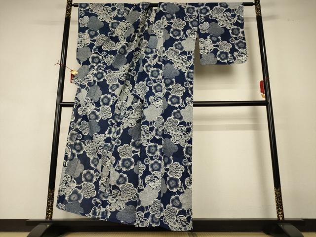 平和屋着物＊夏物 小紋 無形文化財長板藍染 綿絽 草花文 綿 AABI6654jd