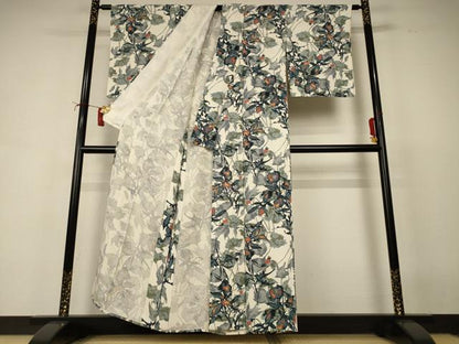 平和屋着物＊夏物　小紋　絽　草花文　金銀彩　正絹　逸品　AABI6658jd