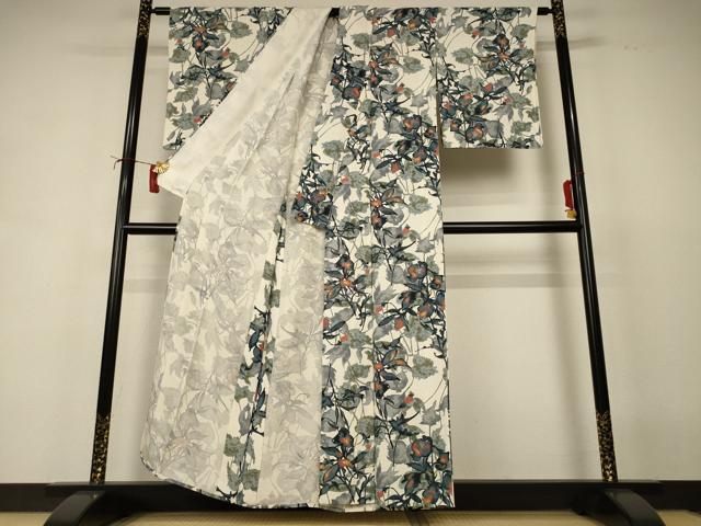 平和屋着物＊夏物　小紋　絽　草花文　金銀彩　正絹　逸品　AABI6658jd