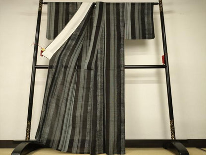 平和屋着物＊夏物　紗紬　縞　正絹　逸品　AABI6668jd