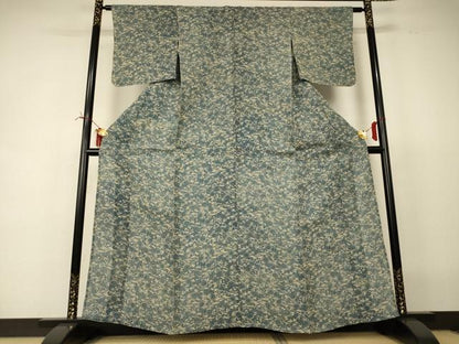 平和屋着物＊夏物　小紋・浴衣兼用　無形文化財長板本染　正藍別染　花蝶文　反端付き　麻　AABI6673jd