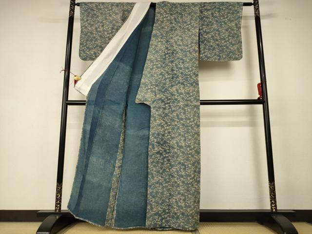 平和屋着物＊夏物　小紋・浴衣兼用　無形文化財長板本染　正藍別染　花蝶文　反端付き　麻　AABI6673jd