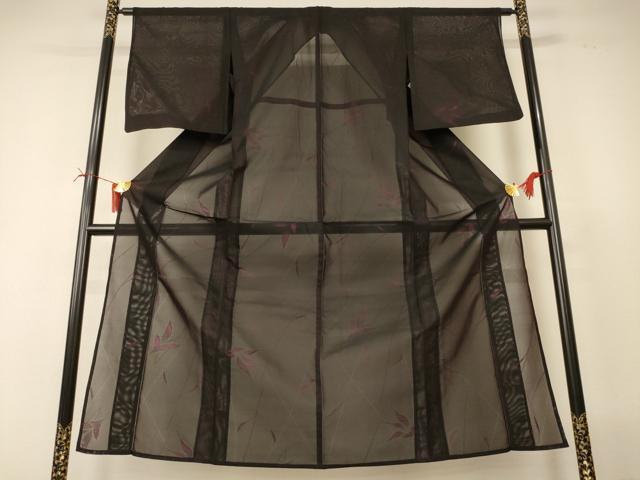 平和屋着物＊夏物　小紋　紗　枝葉文　正絹　逸品　AABI6690jd