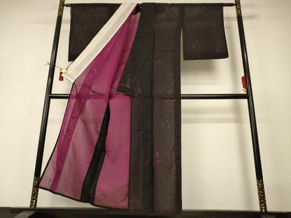 平和屋着物＊夏物　小紋　紗　枝葉文　正絹　逸品　AABI6690jd