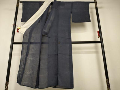 平和屋着物＊夏物　小千谷ちぢみ　色無地　芝花紋紗　藍鉄色　麻　逸品　AABI6697jd