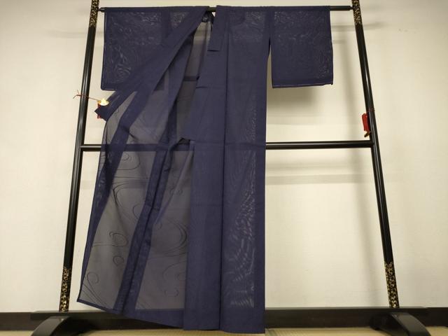 平和屋着物＊夏物　色無地　絽　流水紋紗　紫黒色　正絹　逸品　AABI6702jd