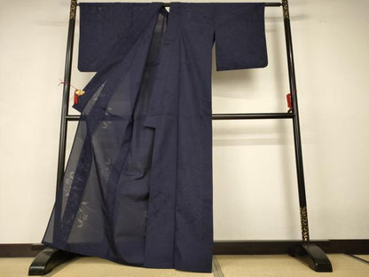 平和屋着物＊夏物　色無地　縦絽　紫黒色　正絹　逸品　AABI6704jd