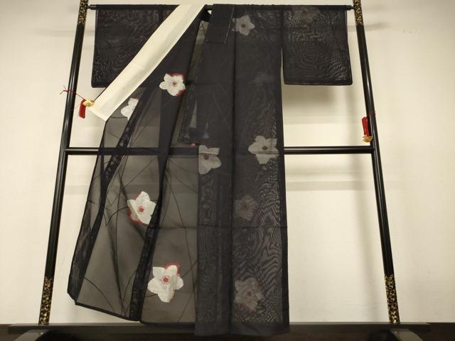 平和屋着物＊夏物　小紋　紗　刺繍　舞花文　正絹　逸品　AABI6705jd