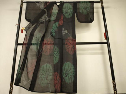 平和屋着物＊夏物　小紋　紗紬　舞葉文　正絹　逸品　AABI6706jd