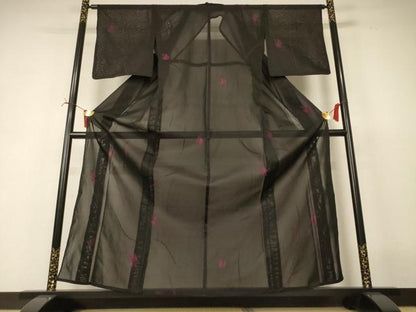 平和屋着物＊夏物　小紋　紗　枝葉文　正絹　逸品　AABI6710jd