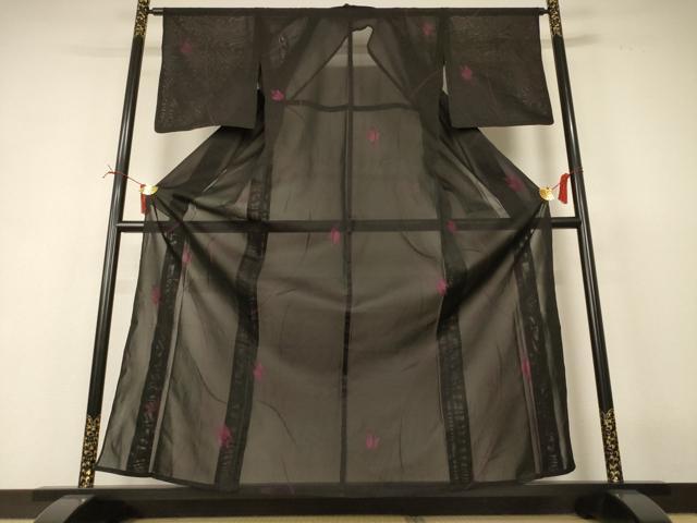 平和屋着物＊夏物　小紋　紗　枝葉文　正絹　逸品　AABI6710jd