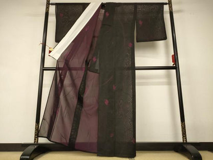 平和屋着物＊夏物　小紋　紗　枝葉文　正絹　逸品　AABI6710jd