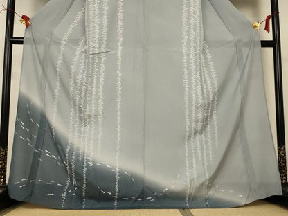 平和屋着物＊夏物　訪問着　絽　メダカ　柳　暈し染め　銀彩　正絹　逸品　AABI6714jd