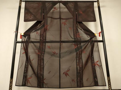 平和屋着物＊夏物　小紋　紗　枝葉文　正絹　逸品　AABI6719jd