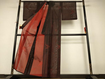 平和屋着物＊夏物　小紋　紗　枝葉文　正絹　逸品　AABI6719jd