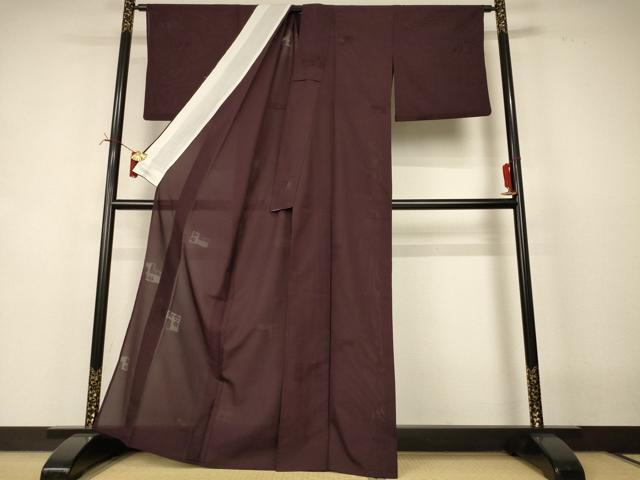 平和屋着物＊夏物　色無地　絽　幾何学花紋紗　黒鳶色　正絹　逸品　AABI6720jd