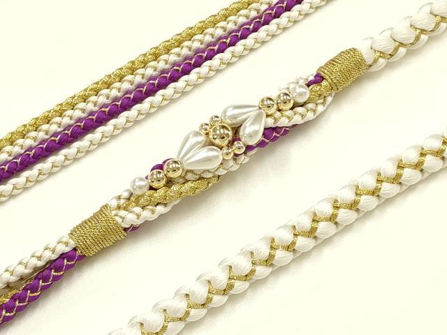 平和屋着物●和装小物　振袖用帯締め　装飾　パール　ビーズ　金糸　正絹　逸品　未使用　AABI6722ay