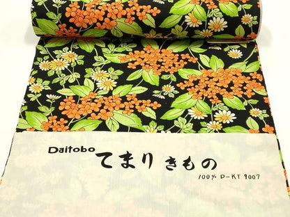 平和屋着物▼小紋　反物　着尺　草花文　黒地　未使用　AABI6731ay