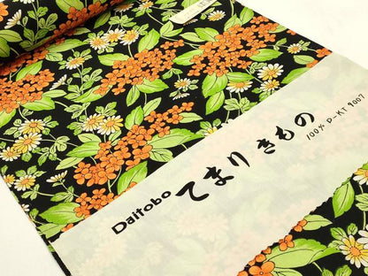平和屋着物▼小紋　反物　着尺　草花文　黒地　未使用　AABI6731ay