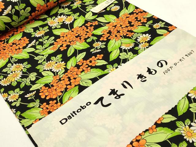 平和屋着物▼小紋　反物　着尺　草花文　黒地　未使用　AABI6731ay
