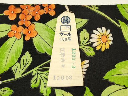 平和屋着物▼小紋　反物　着尺　草花文　黒地　未使用　AABI6731ay