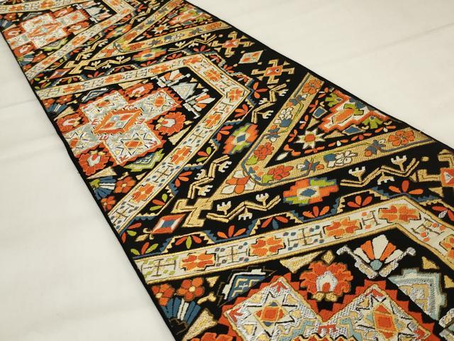 平和屋着物◎六通柄　本袋帯　唐織　幾何学花文　黒地　金糸　正絹　逸品　AABI6818ou