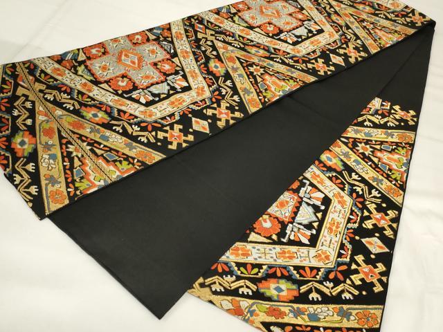 平和屋着物◎六通柄　本袋帯　唐織　幾何学花文　黒地　金糸　正絹　逸品　AABI6818ou