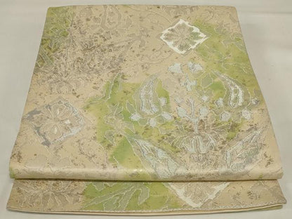 平和屋着物◎六通柄袋帯　幾何学花文　銀糸　正絹　逸品　AABI6819ou