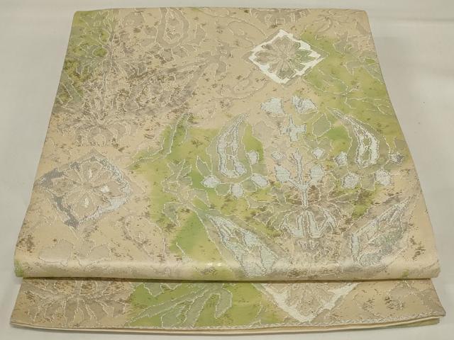 平和屋着物◎六通柄袋帯　幾何学花文　銀糸　正絹　逸品　AABI6819ou