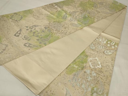平和屋着物◎六通柄袋帯　幾何学花文　銀糸　正絹　逸品　AABI6819ou