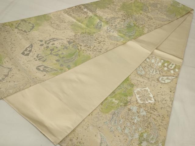 平和屋着物◎六通柄袋帯　幾何学花文　銀糸　正絹　逸品　AABI6819ou