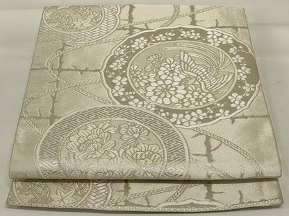 平和屋着物◎六通柄袋帯 鳳凰花絵皿文 銀糸 正絹 逸品 AABI6826ou