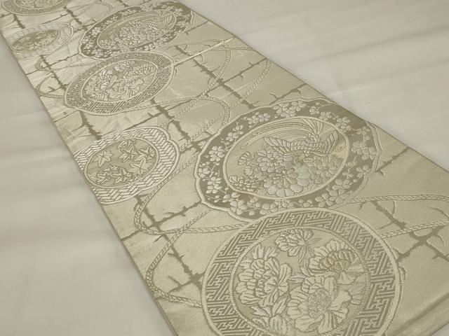 平和屋着物◎六通柄袋帯 鳳凰花絵皿文 銀糸 正絹 逸品 AABI6826ou