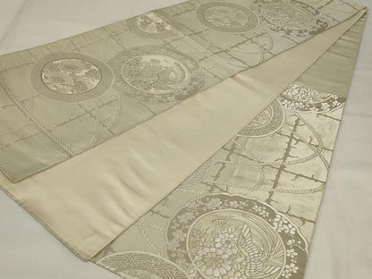 平和屋着物◎六通柄袋帯 鳳凰花絵皿文 銀糸 正絹 逸品 AABI6826ou